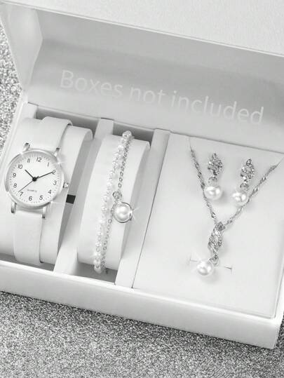 Conjunto de reloj de cuarzo con esfera de marcadores numéricos minimalista de moda con correa y joyas (5 piezas/set) como regalo para estudiantes que regresan a la escuela