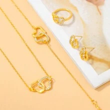 Ladies' Simple Cz Double Heart Charm Necklace, Earrings, Ring And Bracelet Set - Multicolor - View 5