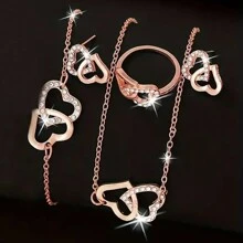 Ladies' Simple Cz Double Heart Charm Necklace, Earrings, Ring And Bracelet Set - Multicolor - View 3