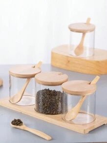 3pcs/Set Kitchen Glass Seasoning Bottle, Salt Sugar Spice Bottle Set With Bamboo Lid And Tray - Multicolor - View 7