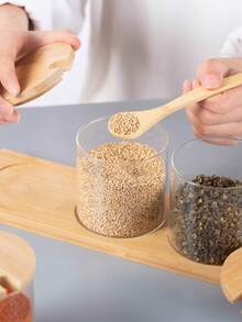 3pcs/Set Kitchen Glass Seasoning Bottle, Salt Sugar Spice Bottle Set With Bamboo Lid And Tray - Multicolor - View 6