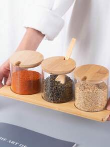 3pcs/Set Kitchen Glass Seasoning Bottle, Salt Sugar Spice Bottle Set With Bamboo Lid And Tray - Multicolor - View 2