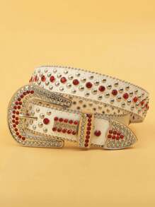 1 件女士时尚 PU 腰带金属铆钉、水钻、方形针扣和大扣，非常适合个性化街头、摇滚、朋克、嘻哈、日常、节日、圣诞节、万圣节派对 - 白色 - 查看 2