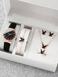 Women's Pu Leather Strap Fashionable Starry Sky Digital Dial Quartz Wristwatch + Butterfly Jewelry Set (6pcs/Set) As A Gift For Students Returning To School
