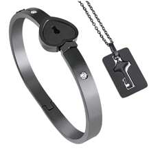 1套創意情侶心形鎖鈦鋼手鍊和鑰匙造型項鍊套裝 - 愛心鑰匙 - 查看 3