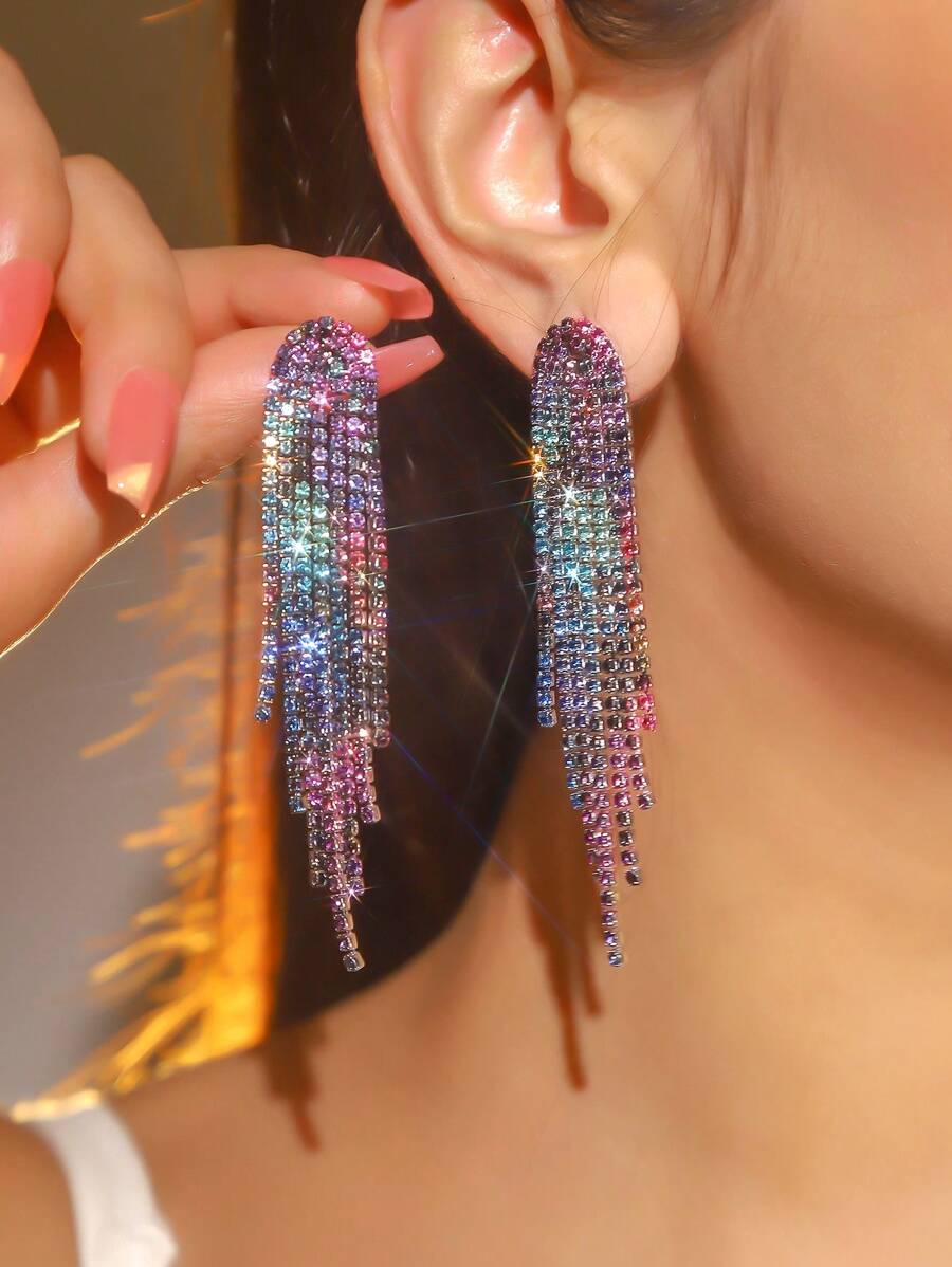 女性夜店派對流蘇水晶耳釘1對