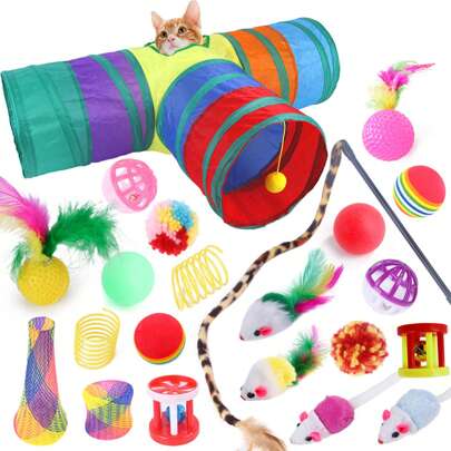 22 Piezas Gatos de Juguete,Juguetes para Gatitos,Juguetes Divertidos para Gatos,Juego de Juguetes Interactivos para Gatos con Túnel para Gatos Plegable,Pelota,Ratón de Peluche, Campanas y Varita para Gatos (Multicolor)