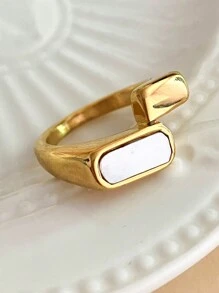 1個時尚經典的高級不鏽鋼方形母貝雙頭戒指18k,適合女性日常通勤佩戴 - 彩色 - 查看 1