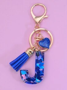 1pc English Alphabet Shaped Keychain With Blue Sequin Polyresin Heart Shape Pendant Tassel Decoration Gift Key Ring Valentine's Day Car Accessories Bag Charm School Cute Goth Y2k - Royal Blue - View 6