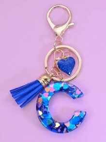 1pc English Alphabet Shaped Keychain With Blue Sequin Polyresin Heart Shape Pendant Tassel Decoration Gift Key Ring Valentine's Day Car Accessories Bag Charm School Cute Goth Y2k - Royal Blue - View 2