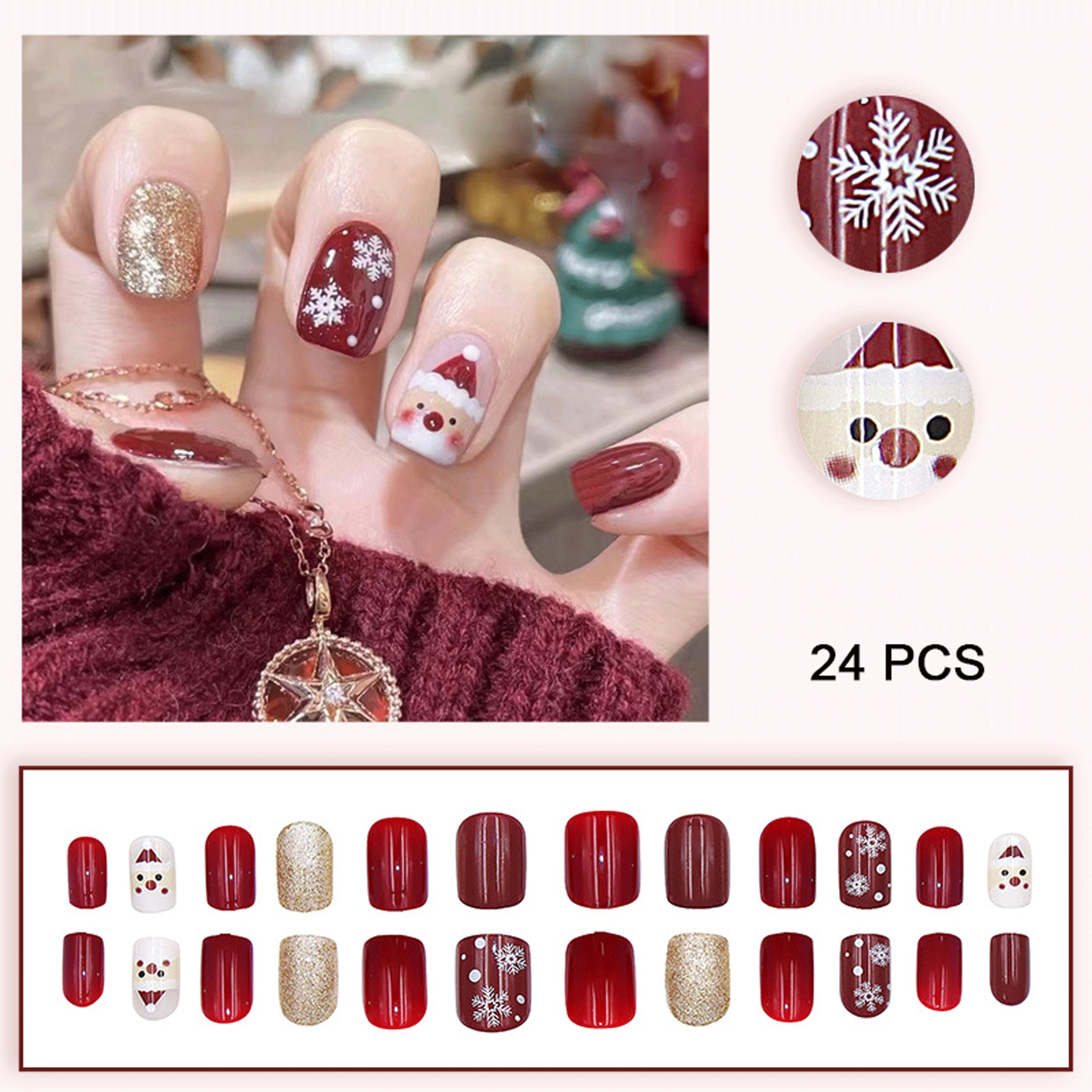 24-Pack Christmas Push-On Nails Fake Nails Short Square Snowflake Santa  Design French Red Christmas Nail Stickers Gold Glitter Nail Stickers  Women's Manicure Wear-On Nails With Jelly Glue And Rubbing Strips | SHEIN