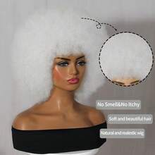 万圣节假发 柔软非洲发型 70 年代女士假发 非洲卷发假发，带刘海，看起来自然的短非洲卷发假发，适合男士的弹性白色非洲蓬松假发 合成头发 大非洲假发，适合日常派对 角色扮演 节日 圣诞节装饰 编织假发