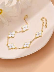 1pc Simple & Sweet Flower Design Copper Bracelet With Micro Paved Cubic Zirconia For Women, Perfect For Date & Graduation Gift - White - View 4