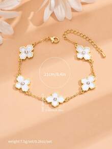 1pc Simple & Sweet Flower Design Copper Bracelet With Micro Paved Cubic Zirconia For Women, Perfect For Date & Graduation Gift - White - View 3