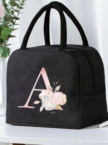 1 pezzo Borsa termica, Borsa termica per il pranzo, Borsa frigo per ragazzi e ragazze, Borsa a mano, Lunch box, Borsa per il ghiaccio, Borsa per il cibo da picnic, Lunch box con motivo floreale e lettera, Borsa per il pranzo in tela leggera e portatile, Borsa per il pranzo per scuola, ufficio, picnic (Nero)