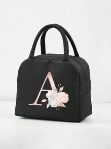 1 pezzo Borsa termica, Borsa termica per il pranzo, Borsa frigo per ragazzi e ragazze, Borsa a mano, Lunch box, Borsa per il ghiaccio, Borsa per il cibo da picnic, Lunch box con motivo floreale e lettera, Borsa per il pranzo in tela leggera e portatile, Borsa per il pranzo per scuola, ufficio, picnic (Nero)