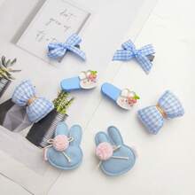 8入組女孩髮夾套裝,藍色調樹脂小熊頭髮夾、網格布蝴蝶結髮夾、小枕頭髮夾、兔子毛球頭髮夾、鴨嘴夾、甜美側夾、髮飾配件