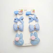 8入組女孩髮夾套裝,藍色調樹脂小熊頭髮夾、網格布蝴蝶結髮夾、小枕頭髮夾、兔子毛球頭髮夾、鴨嘴夾、甜美側夾、髮飾配件