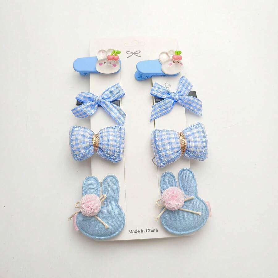 8入組女孩髮夾套裝,藍色調樹脂小熊頭髮夾、網格布蝴蝶結髮夾、小枕頭髮夾、兔子毛球頭髮夾、鴨嘴夾、甜美側夾、髮飾配件