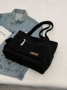 灰色燈芯絨休閒拼色肩背包,大型手提包,時尚學生手袋 - 黑色 - 查看 7