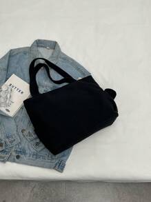 灰色燈芯絨休閒拼色肩背包,大型手提包,時尚學生手袋 - 黑色 - 查看 5