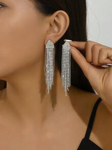 1對魅力四射鋅合金水鑽流蘇耳墜適合女士日常裝飾 - 金色 - 查看 2