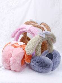 1入女士冬季毛絨暖耳罩,可愛動物耳朵造型配蝴蝶結,摺疊毛茸茸的耳罩,適用於滑雪、滑板或日常穿着 - 灰色 - 查看 8