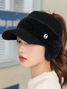 1pc Women's Fashionable Quilted Polyester Knitted Hat With Earflaps, And Hollow Top For Winter Cycling And Cold Weather - Black - View 2