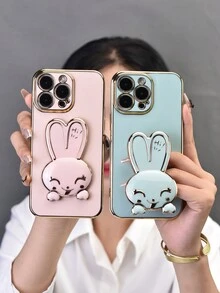 1入組電鍍兔耳式手機殼，配有隱藏支架可拍照片及提高手感與防震保護，適用於iPhone 7/8/11/12/13/14/15/X/Xr/Xs/Plus/Pro/Pro Max/Se2/Mini系列，有黑色/紫色/粉色/白色/綠色/藍色可選 - 綠色 - 查看 2