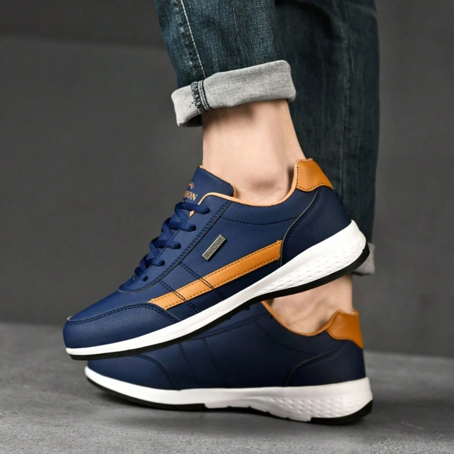 男士秋冬低筒真皮運動休閒鞋,舒適時尚,適合高爾夫,藍色,萬聖節禮物