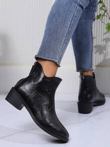 秋冬新款英式粗跟靴,皮革紋理中跟,後拉鍊指向女士短靴,時尚復古 - 黑色 - 查看 6