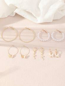 10入組時尚珍珠、圓形、蝴蝶、蛇形耳環(適合女孩子) - 彩色 - 查看 4