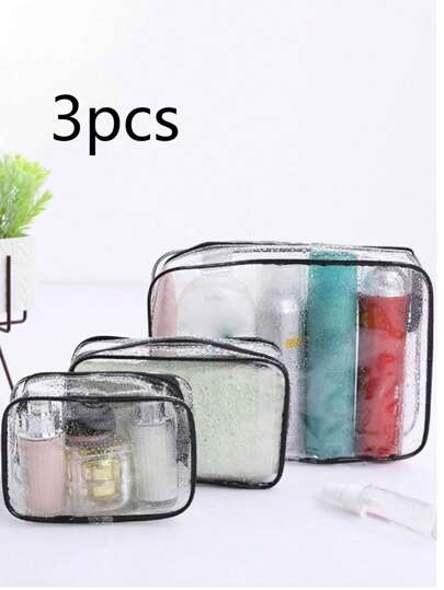 3Pcs Toiletry Bag Clear Design Contrast Binding Cosmetic Bag Wash Bag Makeup Bag Storage Bag For Women Cruise Essential Beach Bag Beach Essentials Beach Towel Organizer Beach Accessories Beach Stuff Holiday Bag Holiday Essentials For Summer For Vacation