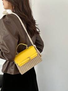 Women's Straw Spliced Belt Design Portable Small Square Bag New Shoulder Crossbody Kelly Korean Version Bag - Yellow - View 7