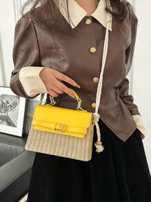 Women's Straw Spliced Belt Design Portable Small Square Bag New Shoulder Crossbody Kelly Korean Version Bag - Yellow - View 8