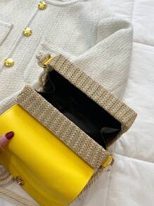Women's Straw Spliced Belt Design Portable Small Square Bag New Shoulder Crossbody Kelly Korean Version Bag - Yellow - View 11