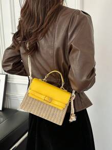 Women's Straw Spliced Belt Design Portable Small Square Bag New Shoulder Crossbody Kelly Korean Version Bag - Yellow - View 9