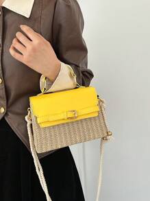Women's Straw Spliced Belt Design Portable Small Square Bag New Shoulder Crossbody Kelly Korean Version Bag - Yellow - View 3