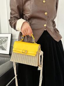 Women's Straw Spliced Belt Design Portable Small Square Bag New Shoulder Crossbody Kelly Korean Version Bag - Yellow - View 4
