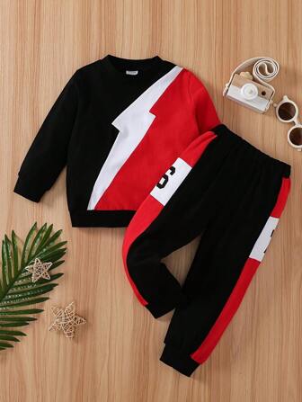 Ung pojke Färgblock Sweatshirt & Mjukisbyxor