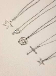 5pcs/Set Y2k Vintage Gothic Punk Rock Style Star & Rhinestone Inlaid Cross & Butterfly Pendant Necklace With Stainless Steel Chain