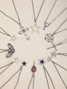 5pcs/Set Y2k Vintage Gothic Punk Rock Style Star & Rhinestone Inlaid Cross & Butterfly Pendant Necklace With Stainless Steel Chain