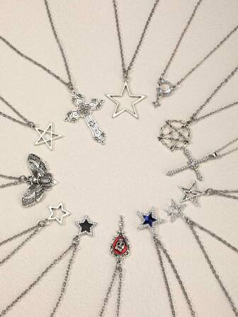 5入組y2k復古哥德朋克搖滾風格鑲嵌水晶星星和吊墜、蝴蝶項鍊,不鏽鋼鏈子