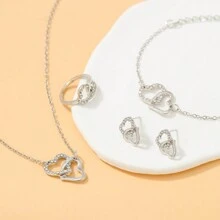 Ladies' Simple Cz Double Heart Charm Necklace, Earrings, Ring And Bracelet Set - Multicolor - View 6