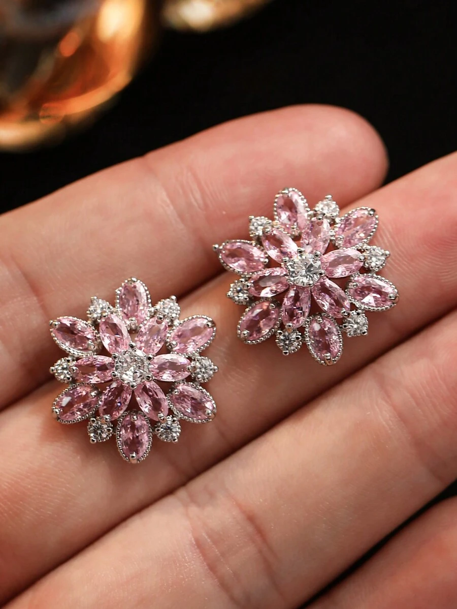 2 件浪漫花朵 CZ 锆石大粉色耳钉女士情人节礼物情人 - 粉色 - 查看 1