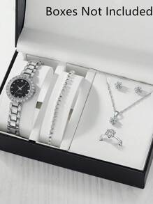 1pc Crystal Embedded Round Dial Quartz Watch & 5pcs Jewelry Set, No Gift Box, Suitable For Holiday Wear