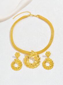 3pcs Exaggerated European & American Style Hollow Out Leaf Flower Necklace Earrings Set For Bridal, Wedding, Party Dress Up - Yellow Gold - View 13