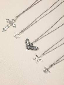 5pcs/Set Y2k Vintage Gothic Punk Rock Style Star & Rhinestone Inlaid Cross & Butterfly Pendant Necklace With Stainless Steel Chain