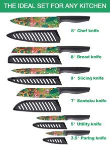 Marco Almond MA69 12-Piece Kitchen Knives Set, Colorful And Fashionable Coated Stainless Steel Knives With Black Blade Guards, 6 Knives With 6 Knives Sheath