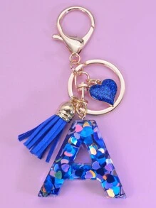 1pc English Alphabet Shaped Keychain With Blue Sequin Polyresin Heart Shape Pendant Tassel Decoration Gift Key Ring Valentine's Day Car Accessories Bag Charm School Cute Goth Y2k - Royal Blue - View 1